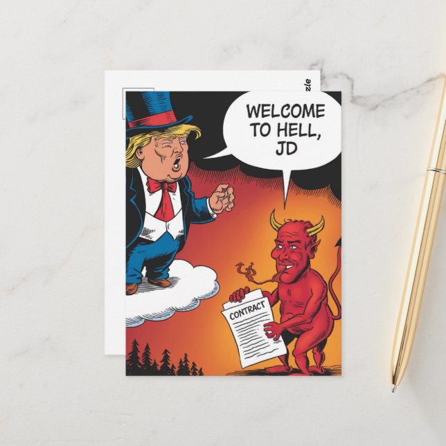 Trump och Djävulen Tecknad Välkommen till helvetet Vykort (Fram/Back In Situ)