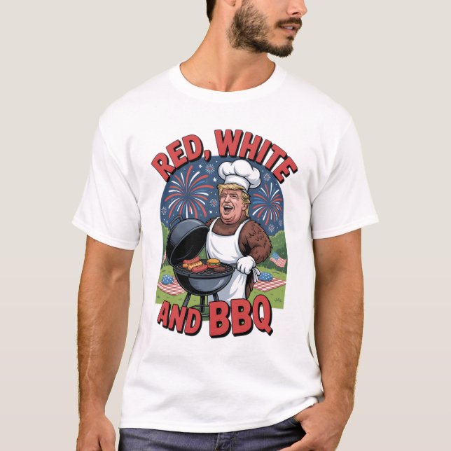Trump Red White och BBQ 4:e juli T Shirt (Framsida)