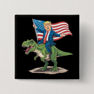 Trump ridande Dinosaurie T Rex USA Amerikansk Flag Knapp
