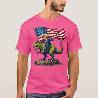 Trump Riding a Dinosaur T-Rex Trump in American Fl T Shirt