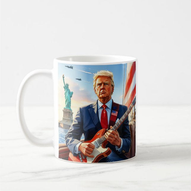 Trump Spela Electric Guitar Statue Liberty Flagga Kaffemugg (Vänster)