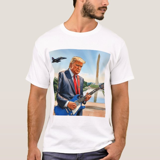 Trump Spela Electric Guitar Washington Monument T Shirt (Framsida)