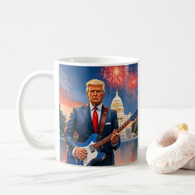Trump Spela Electrical Guitar US Huvudstad Firewor Kaffemugg (Med munk)