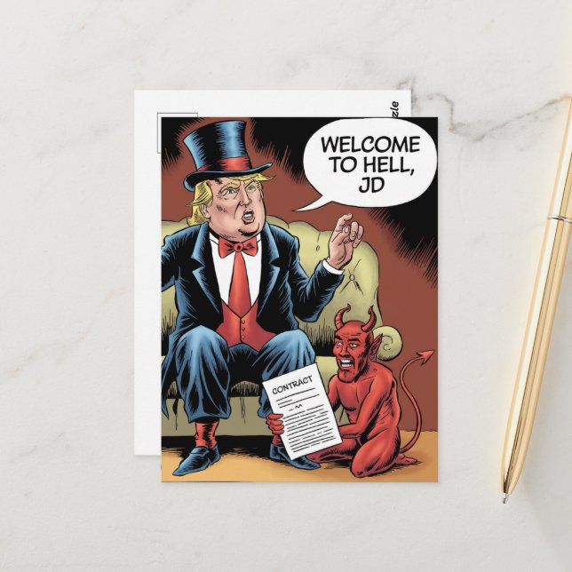 Trump Tecknad Välkommen till helvetets JD Vykort (Fram/Back In Situ)
