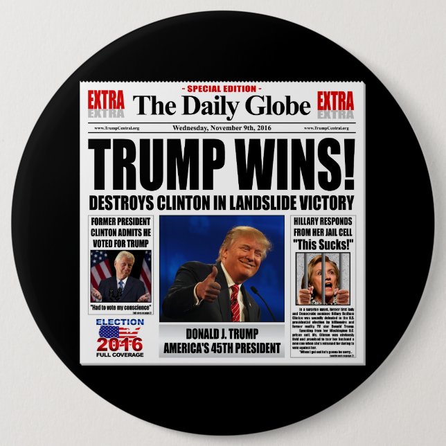 Trump Vinner! Rolig Anti Clinton Tidnings Satir Knapp (Framsida)