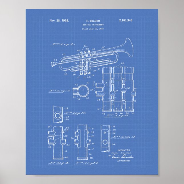 Trumpet 1939 Patent Art Blueprint Poster (Framsidan)