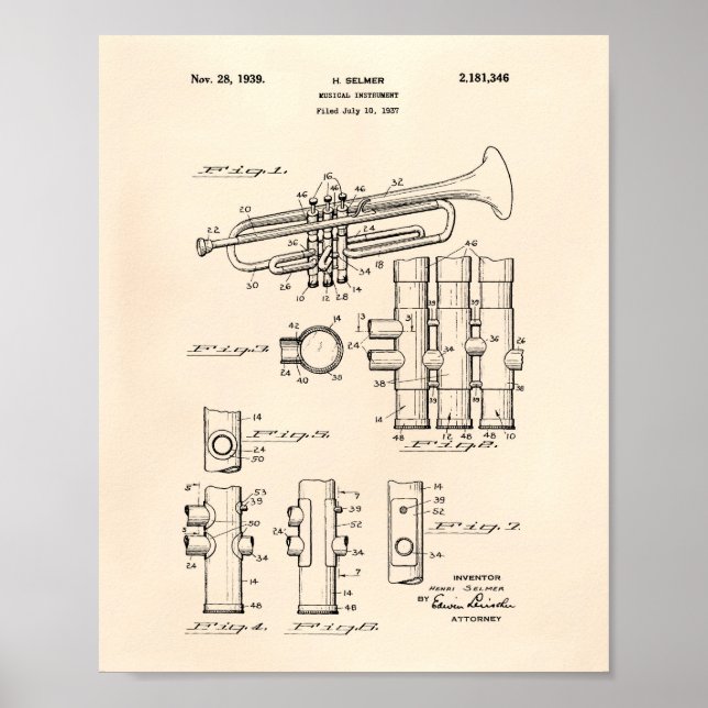 Trumpet 1939 Patent Art Old Peper Poster (Framsidan)