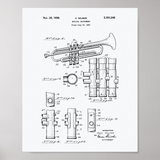 Trumpet 1939 Patent Art White Papper Poster (Framsidan)