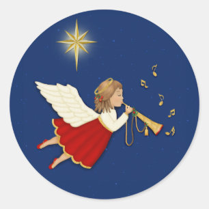 Trumpet Angel och julstjärnan Runt Klistermärke