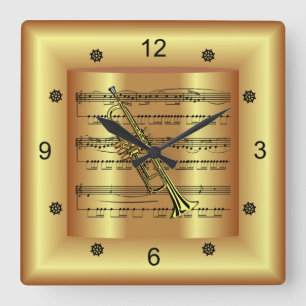 Trumpet ~ Curved Lakan Music ~ Guld Background ~ Fyrkantig Klocka