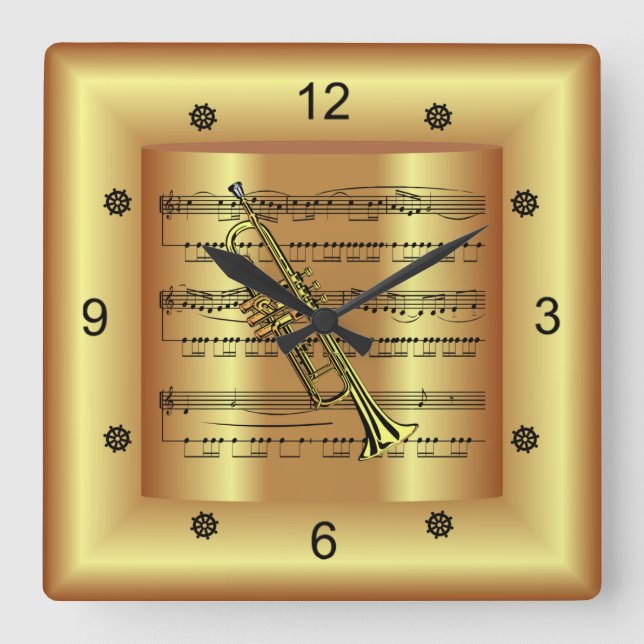 Trumpet ~ Curved Lakan Music ~ Guld Background ~ Fyrkantig Klocka (Framsida)