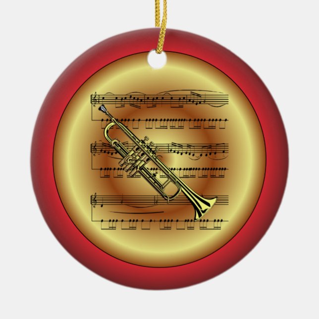 Trumpet ~ Lakan Music ~ Red/Grönt/Guld ~ Jul Julgransprydnad Keramik (Framsidan)