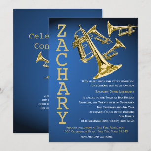Trumpet Mania Music Blue Guld Pub Mitzvah Inbjudningar