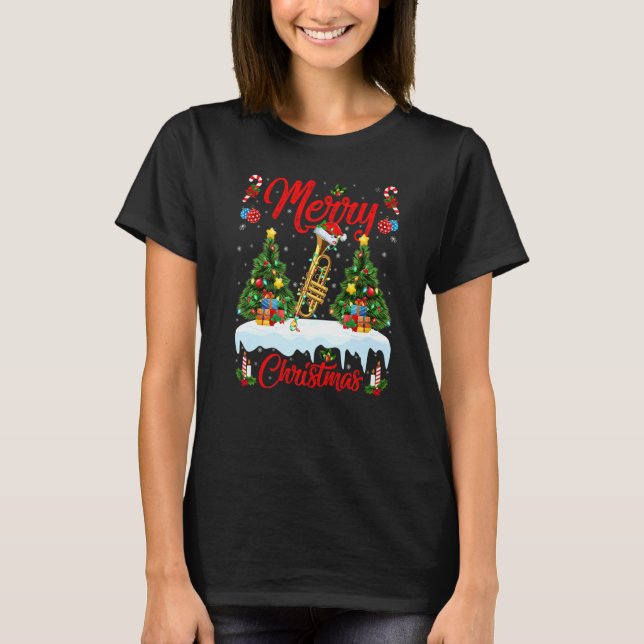 Trumpet Music  Lights Xmas Tree Santa Trumpet Chri T Shirt (Framsida)