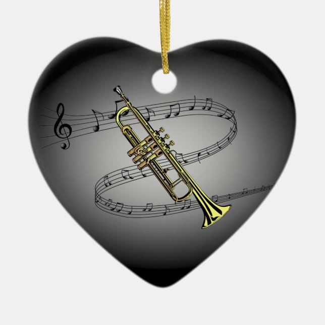 Trumpet Musical  ~ Black ~ Grått Background Julgransprydnad Keramik (Framsidan)