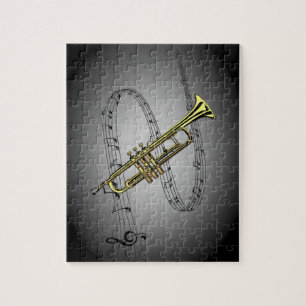 Trumpet Musical ~ Black ~ Grått Background Pussel