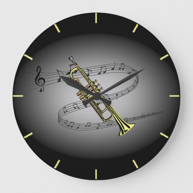 Trumpet Musical  ~ Black ~ Grått Background Stor Klocka (Framsida)