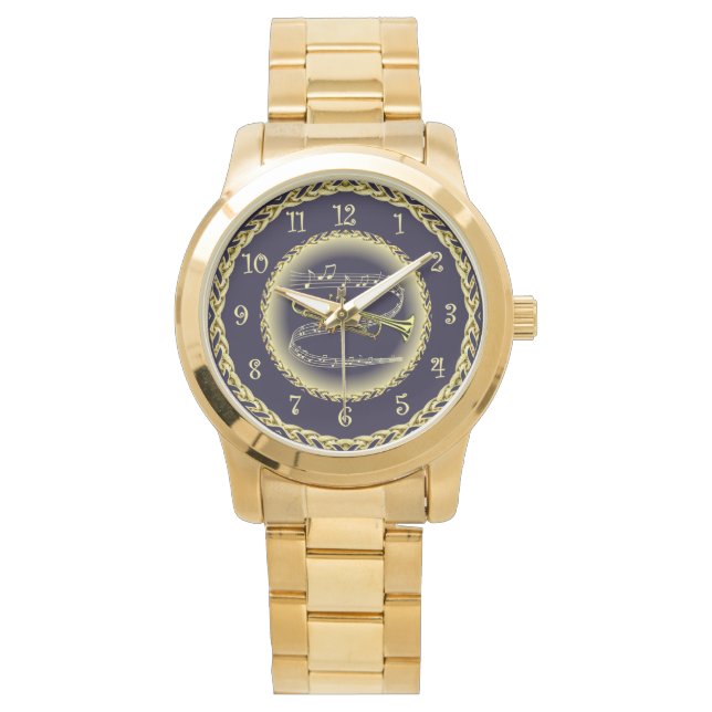 Trumpet ~ Musical Rulla ~ Guld/Navy Blue ~ Watch Armbandsur (Framsida)