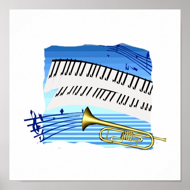 Trumpet och Tangentbord, blå temgrafisk musik Poster (Framsidan)