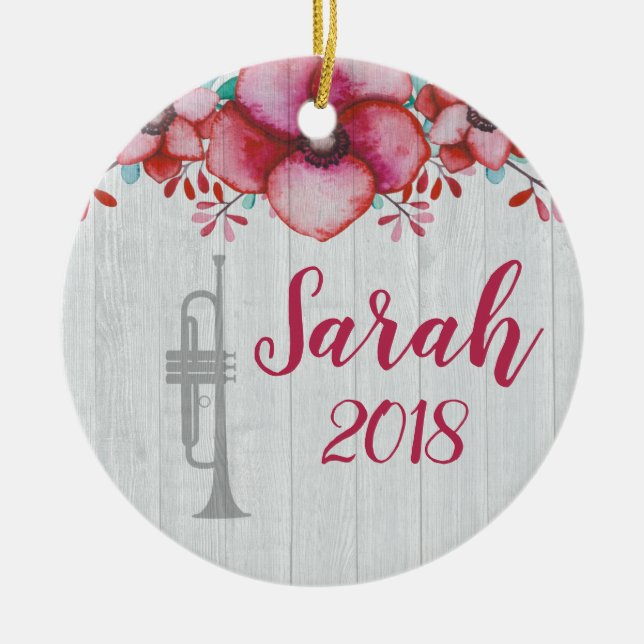 Trumpet Player Music Gift Blommigt Personlig Julgransprydnad Keramik (Framsidan)