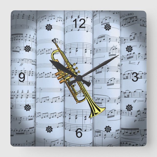 Trumpet~Rolled Lakan Music~Blue Tint Background ~  Fyrkantig Klocka (Framsida)