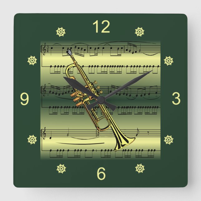 Trumpet~Rolled Lakan Music~Guld/Grönt Background~  Fyrkantig Klocka (Framsida)