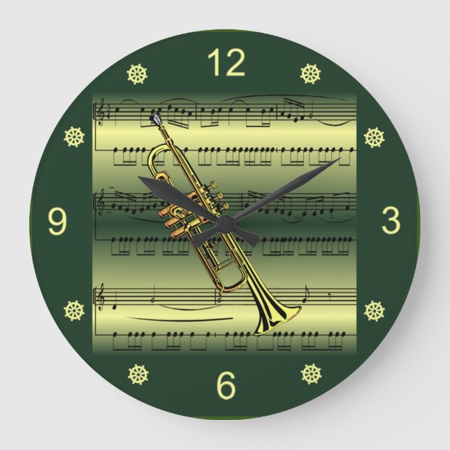 Trumpet~Rolled Lakan Music~Guld/Grönt Background~  Stor Klocka (Framsida)