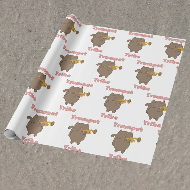 Trumpet Tribe Brown Cat Pink Presentpapper (Wrapping paper with a pattern featuring a cat playing the trumpet and the text trumpet tribe.)