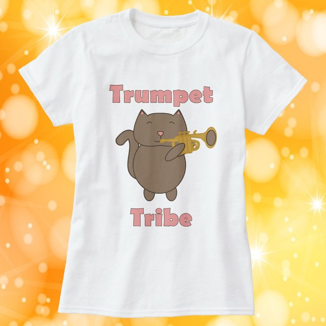 Trumpet Tribe Brown Cat Pink T Shirt (A tshirt with a brown cat playing the trumpet and the words trumpet tribe in pink.)