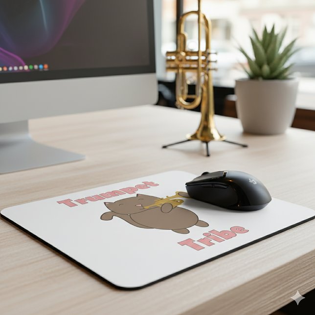 Trumpet Tribe Brun Katt Rosa Musmatta (A mouse pad featuring a brown cat playing the trumpet and the words trumpet tribe in pink.)