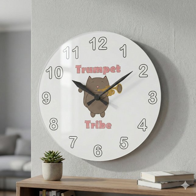 Trumpet Tribe Katt Rosa Bokstäver Stor Klocka (A clock featuring a brown cat playing the trumpet with the words trumpet tribe.)