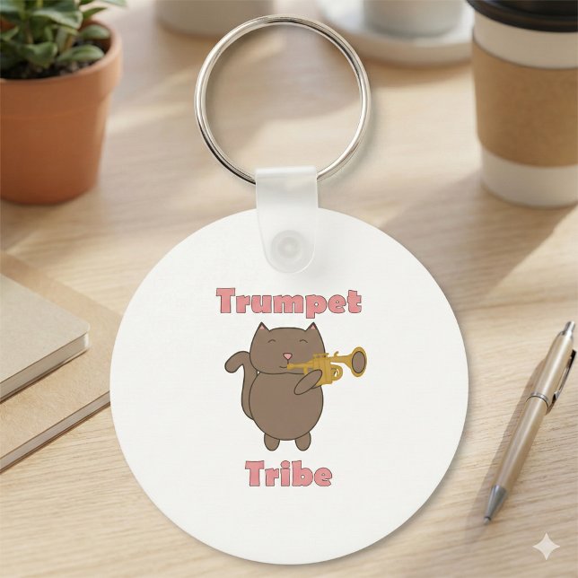 Trumpet Tribe Katt Rosa Nyckelring (A keychain featuring a brown cat and the text trumpet tribe in pink.)