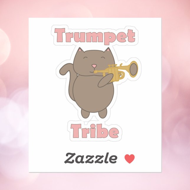 Trumpet Tribe Kattmusik Klistermärken (A sticker with a cute brown cat playing the trumpet and the words trumpet tribe in pink.)