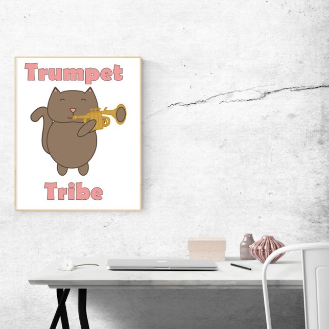 Trumpet Tribe Söta Kattmusik Poster (A poster featuring a brown cat playing the trumpet with the words trumpet tribe in pink.)