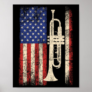 Trumpet Usa American Flagga Shirt Jazz Music Vinta Poster