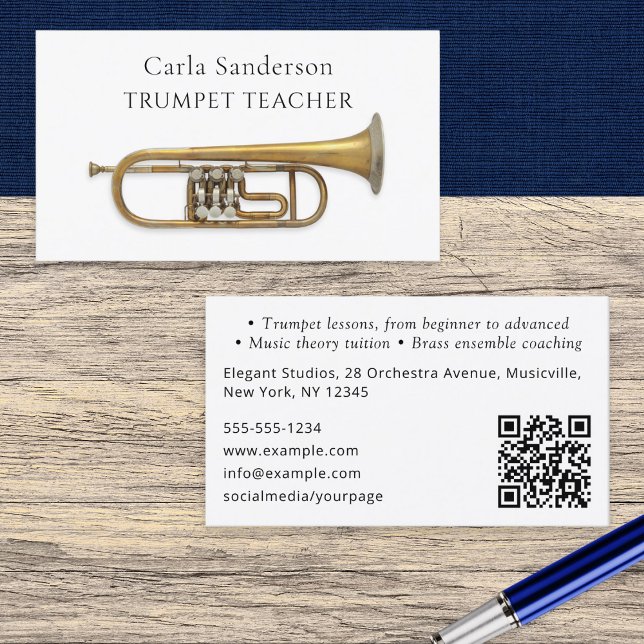 Trumpetlärar Bleckblåsinstrument Musiklärare Visitkort (An elegant business card template for a trumpet teacher, with customizable QR code)