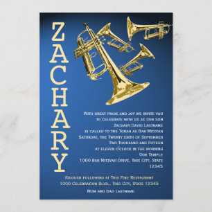 Trumpets Music Blue Guld Pub Mitzvah Inbjudningar