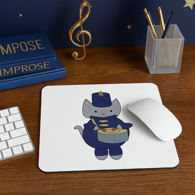 Trumslagare i marscherande orkester Grå katt Marin Musmatta (A mouse pad with a snare playing cat in a navy blue & gold marching band uniform.)