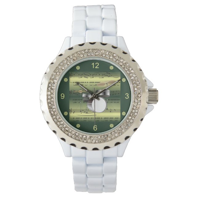 Trumuppsättning~Rolled Lakan Music~Guld/Grönt Back Armbandsur (Framsida)