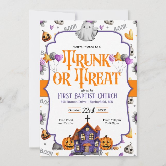 Trunk eller Treat Church Halloween-inbjudan Kort (Framsida)