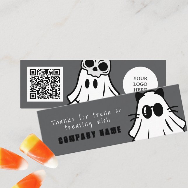 Trunk eller Treat Halloween Coola Ghost Tack Mini Visitkort (Cool Ghosts Trunk or Treat Halloween Coupon Business Cards Pack of 100 in Gray Black and White)