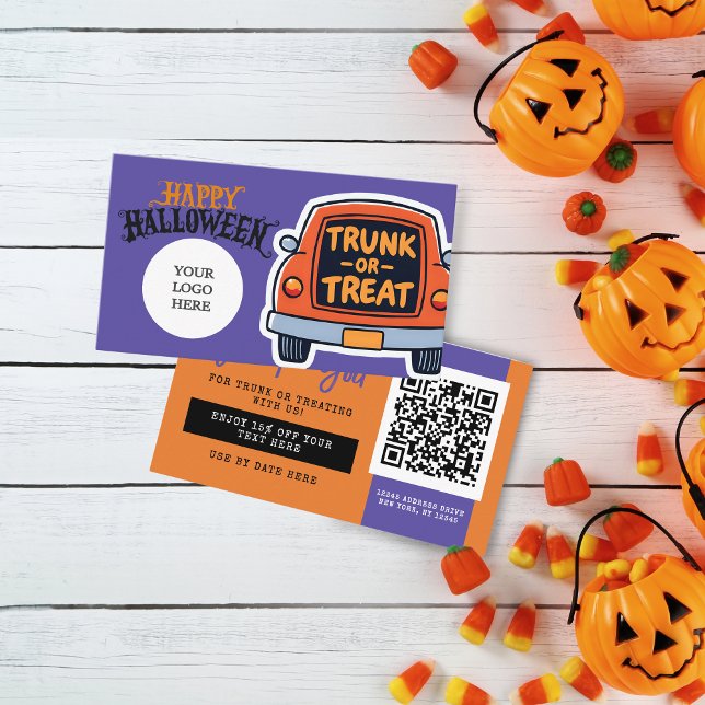 Trunk eller Treat Halloween Coupon Visitkort (Trunk or Treat Halloween Coupon Business Cards Pack of 100 in Orange, Purple, Grey and Black)