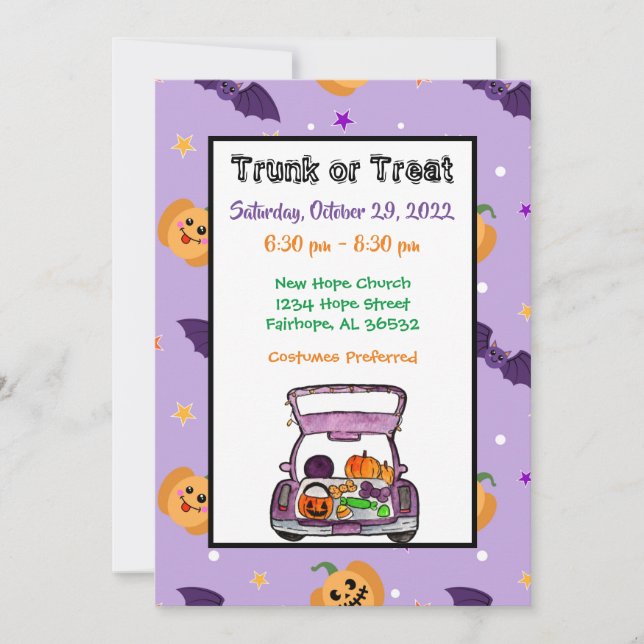 Trunk eller Treat Halloween Inbjudningar (Framsida)