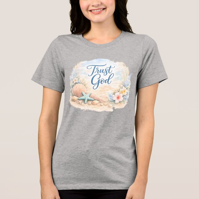 "Trust God" Coastal Beach Watercolor Christian T Shirt (Framsida)