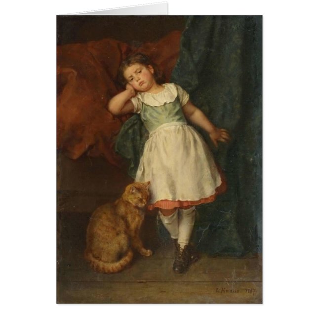 Truta flicka- och guldtabby katt hälsningskort (Framsidan)