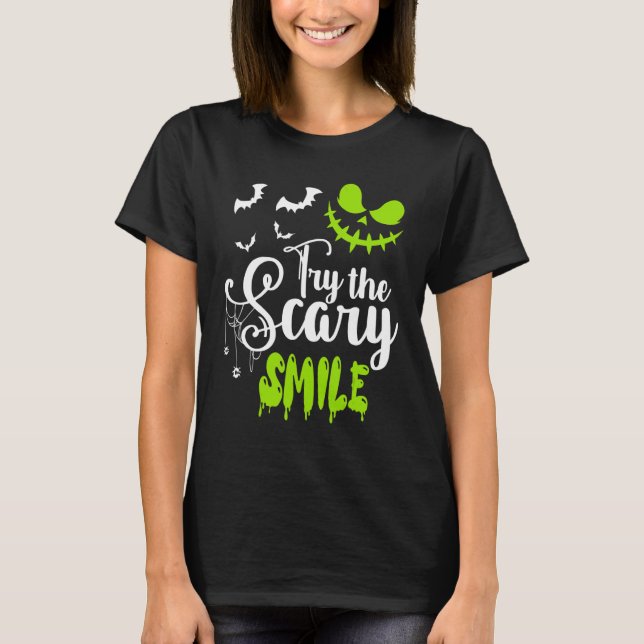 Try The Scary Smile Pumpkin Jack O Lantern Face T Shirt (Framsida)