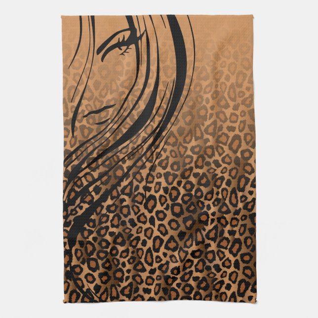 Tryck för solbränd Leopard för Silhouetteflicka | Kökshandduk (Vertikal)
