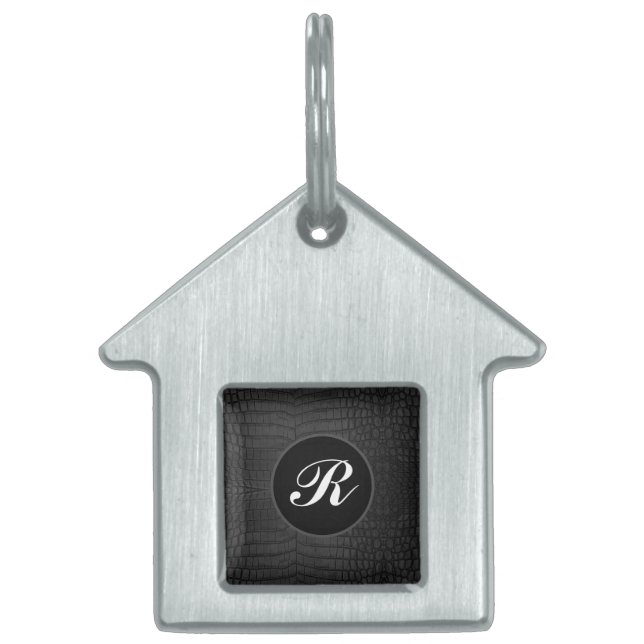 Tryck med monogram i svart falsk krokodilstruktur ID-bricka husdjur (Framsidan)
