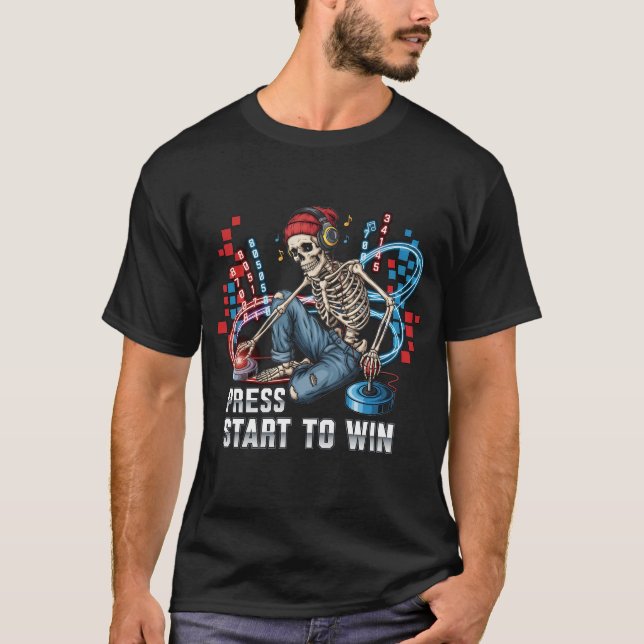 Tryck på Start to Win Skeleton Gamer T-Shirt | Fun (Framsida)