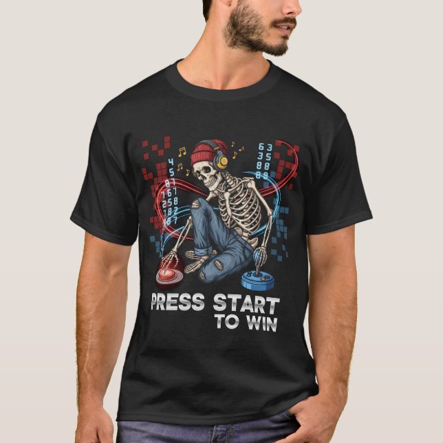 Tryck på Start to Win Skeleton Gamer T-Shirt | Fun (Framsida)